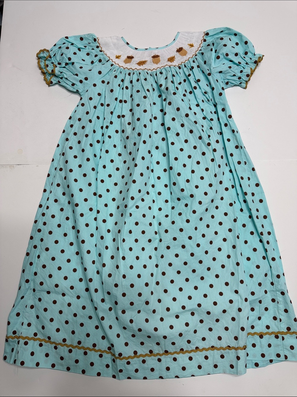 Girls' Light Blue Polka Dot Casual Dress with Brown Dots